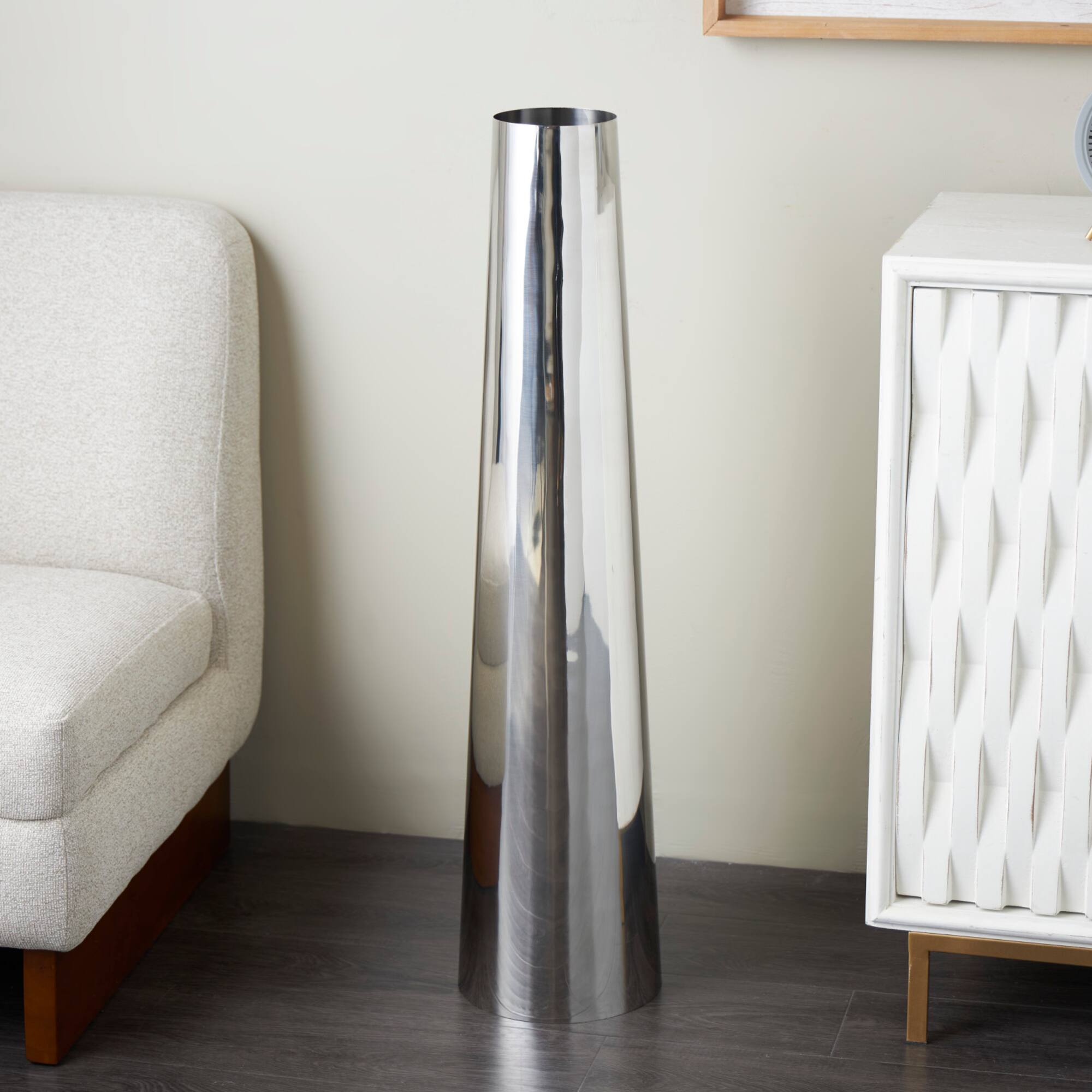 Silver Stainless Steel Metal Minimalistic Tall Floor Cone Vase